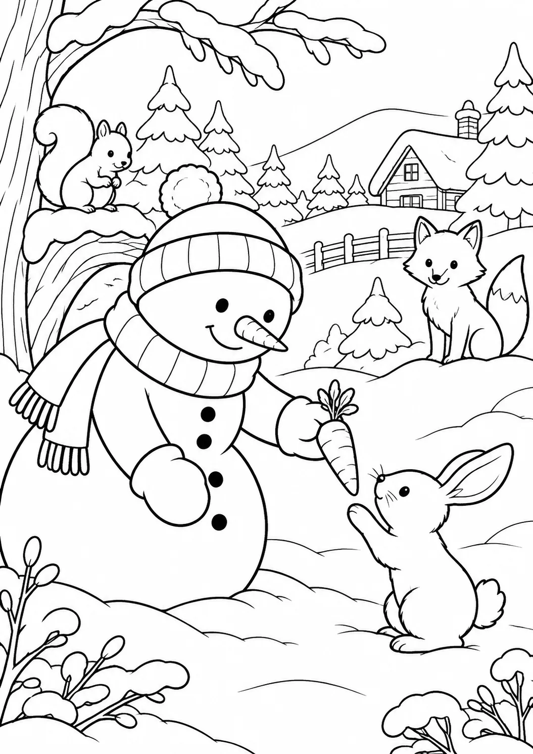 Schneemann teilt Karotte mit Hase