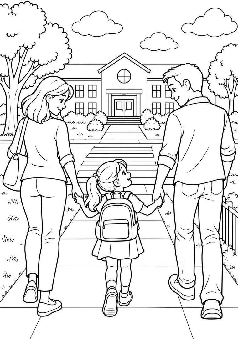 Familie auf dem Schulweg