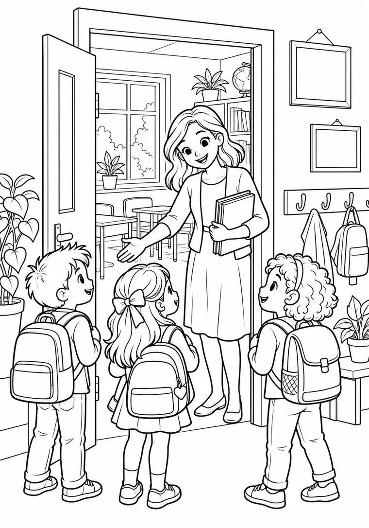 Lehrerin begrüßt neue Schüler