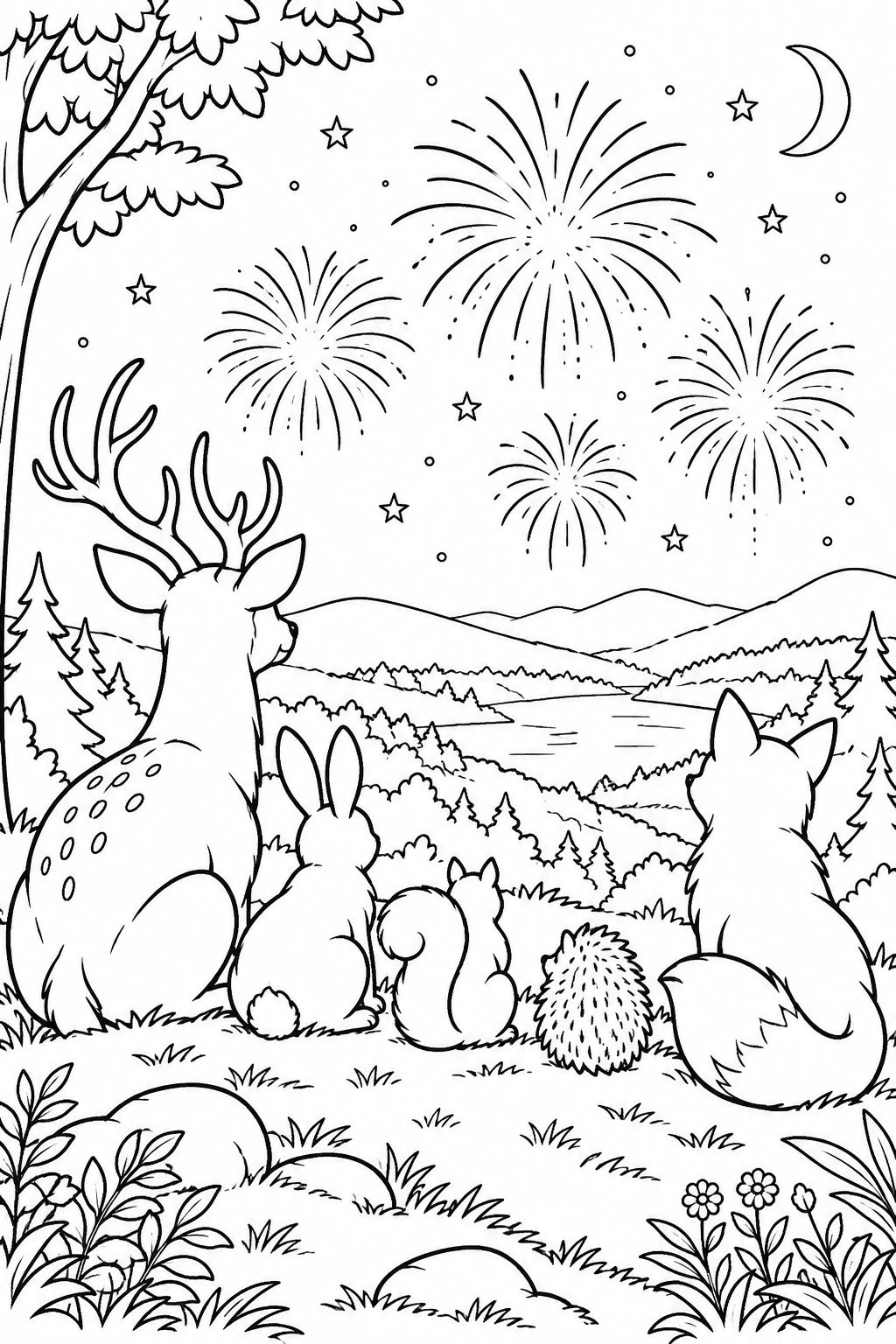 Waldtiere beobachten das Feuerwerk