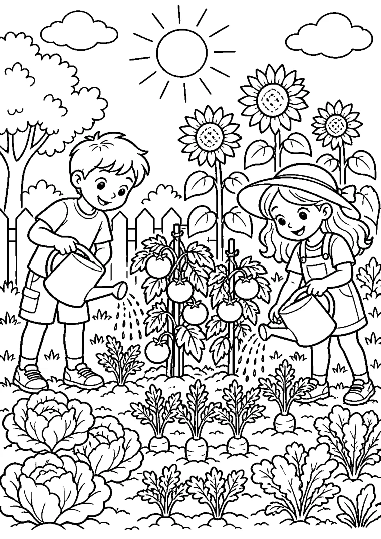 Kinder gießen den Sommergarten