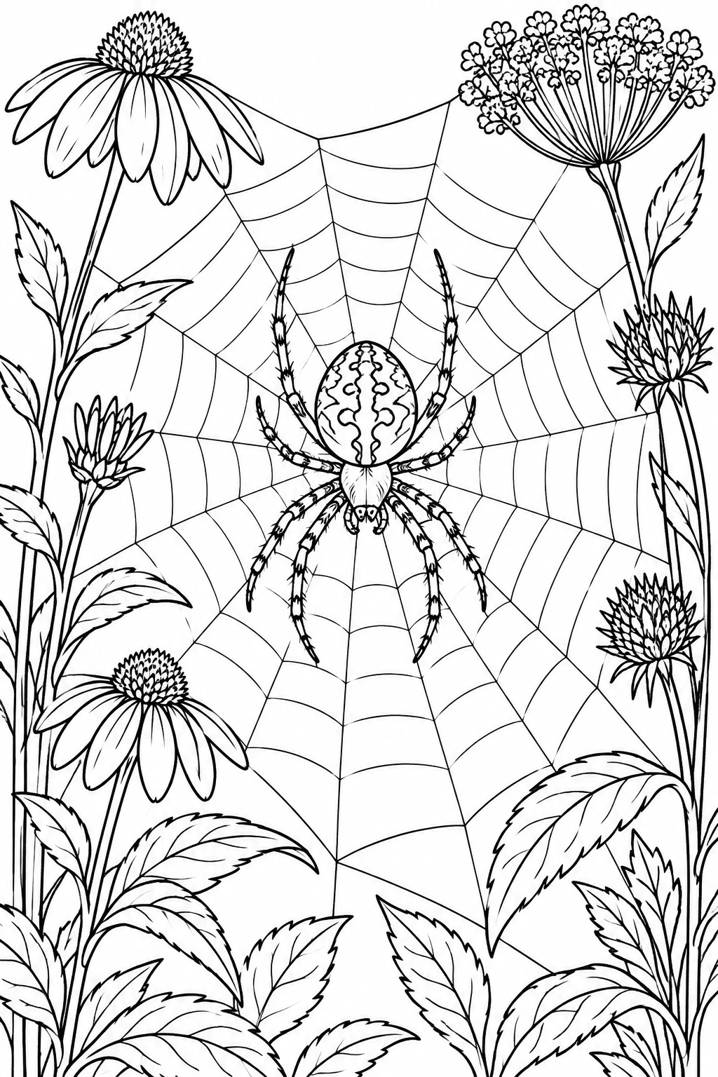 Gartenspinne zwischen Blumenstängeln