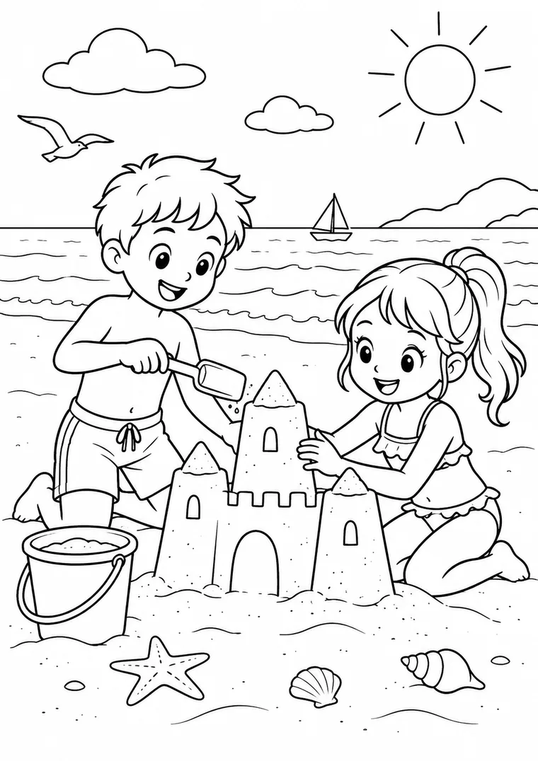Kinder bauen eine Sandburg