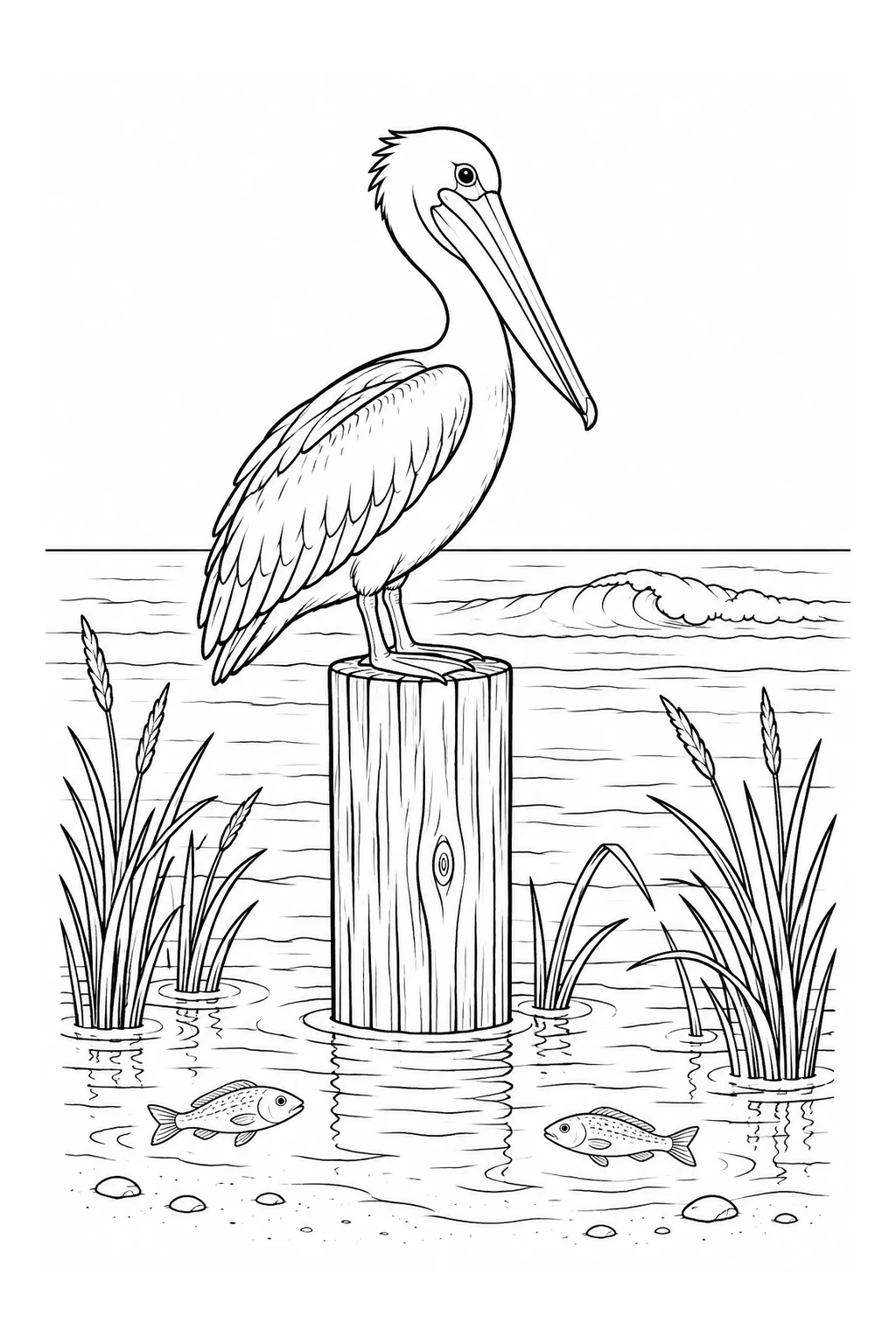 Pelikan auf einem Holzpfahl