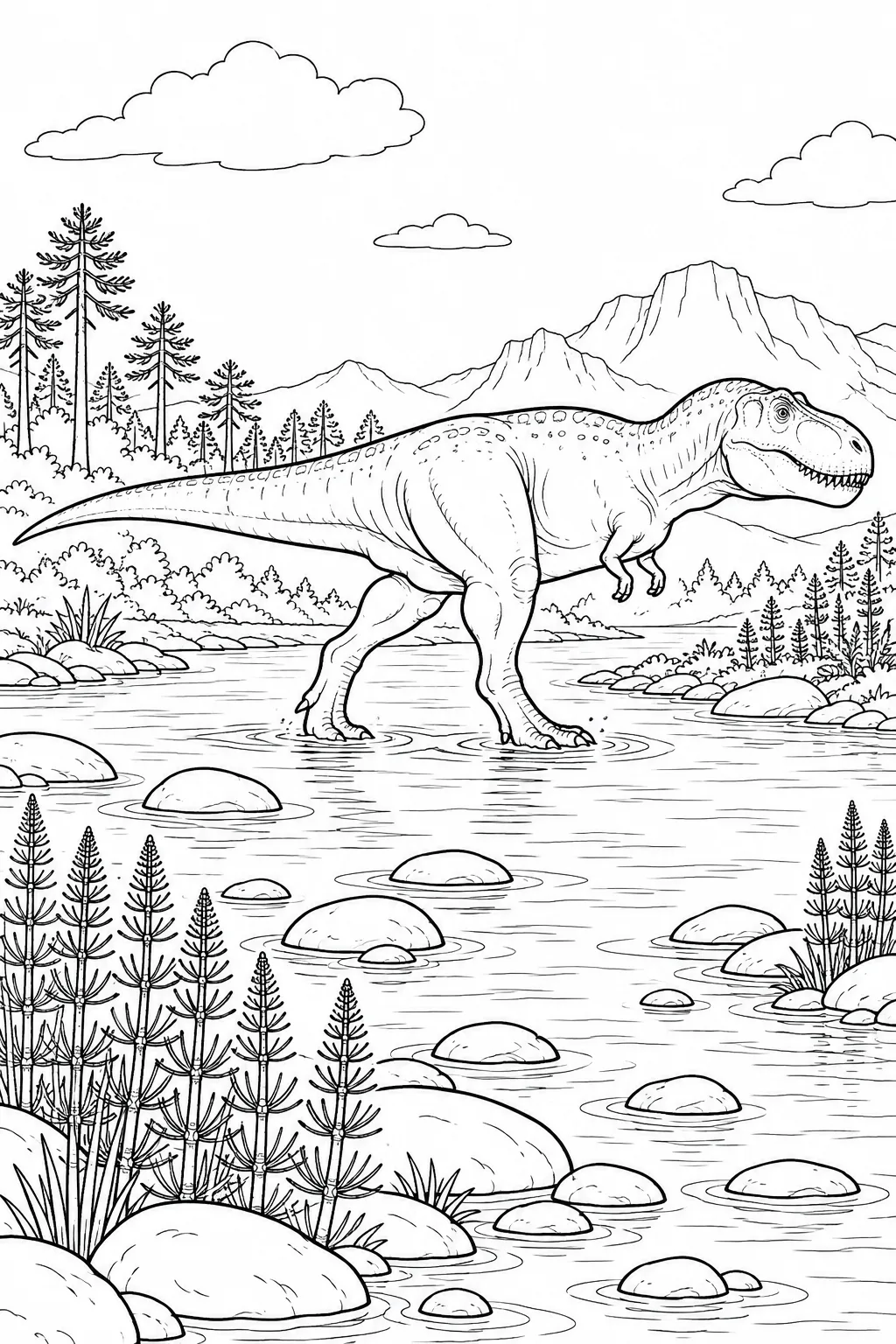 T-Rex durchquert einen flachen Fluss