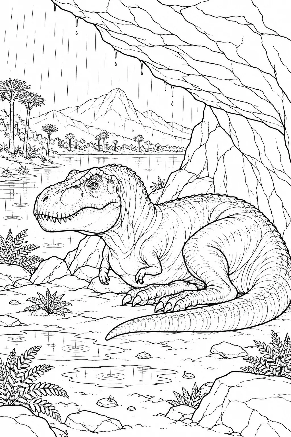 T-Rex ruht unter einem Felsüberhang