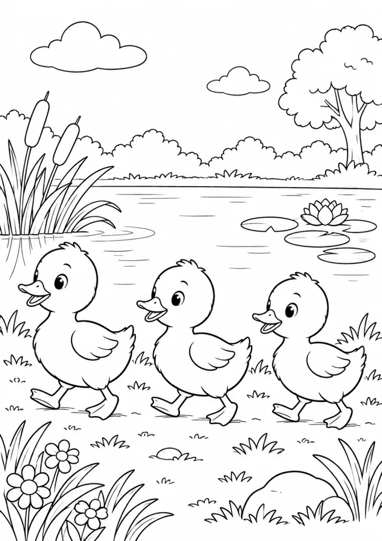 Drei Entenküken am Teich