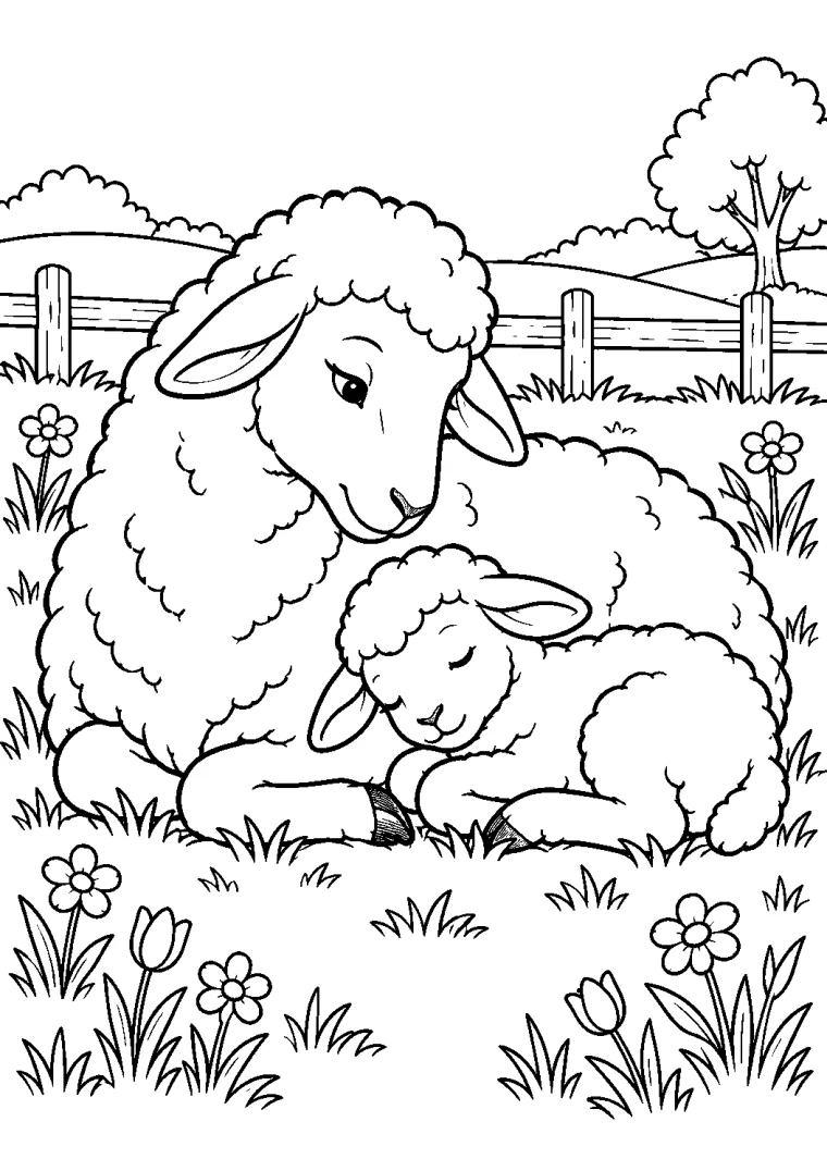 Lämmchen schläft bei seiner Mutter