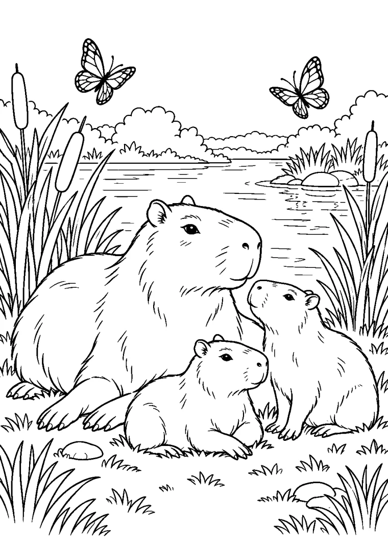 Capybara-Familie am Fluss