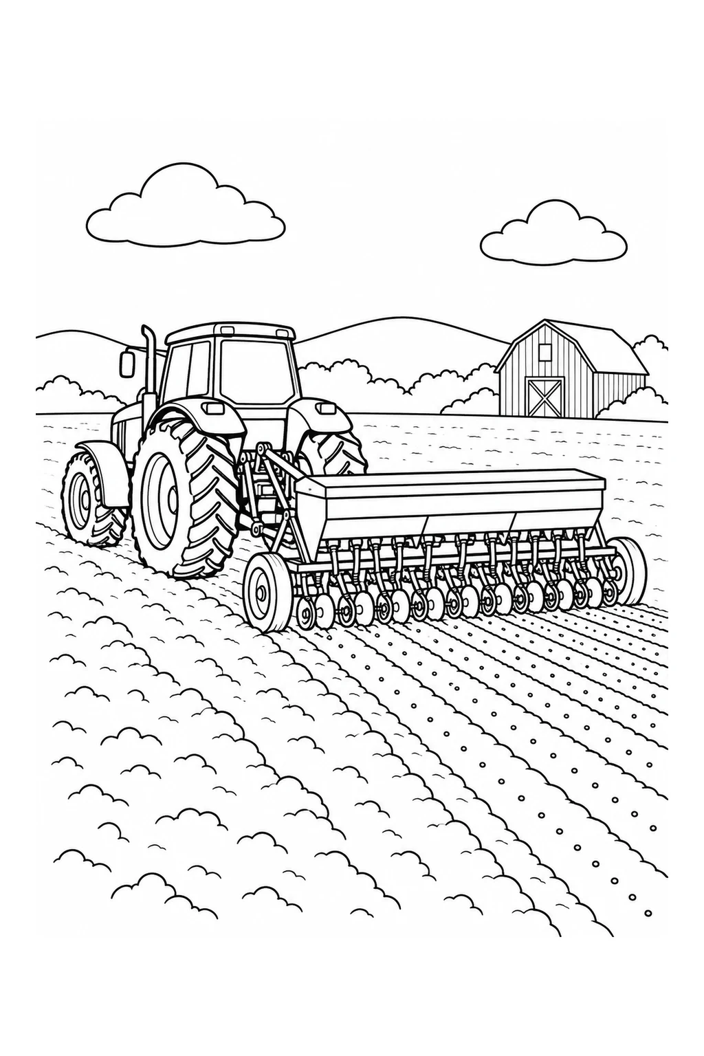 Traktor zieht eine Sämaschine übers Feld
