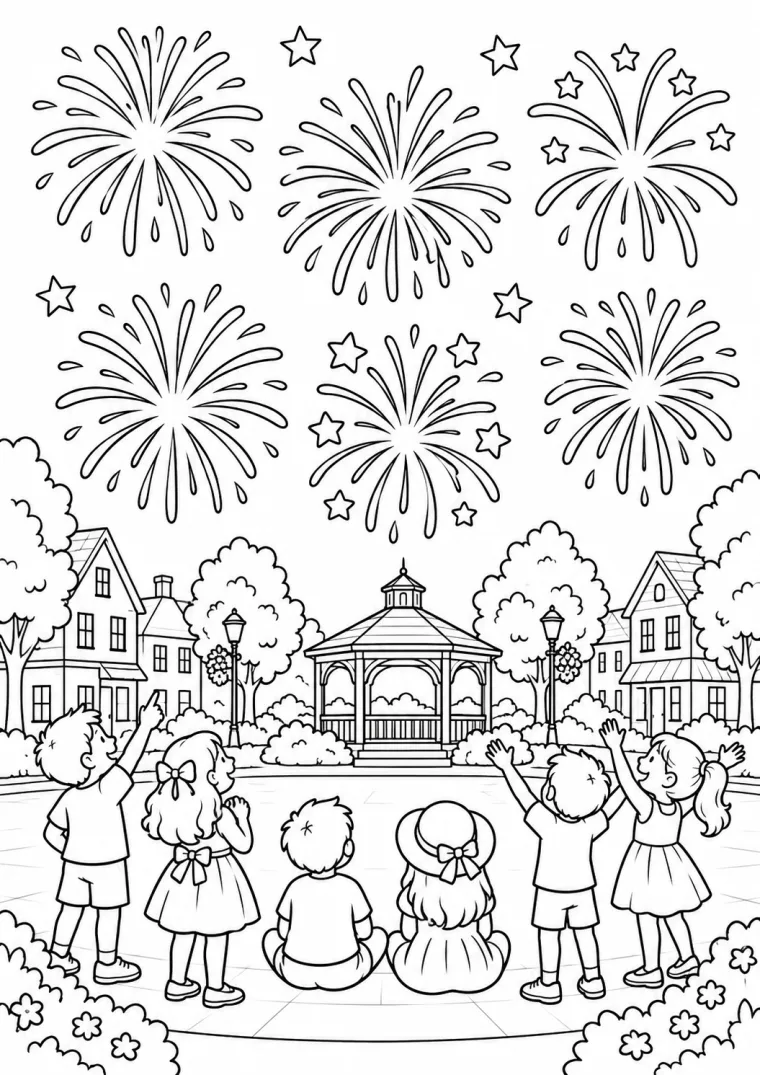 Feuerwerk über kleiner Stadt
