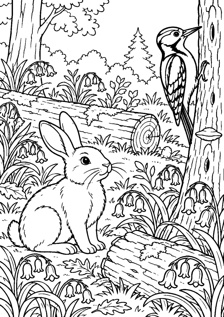 Hase und Specht auf der Waldlichtung
