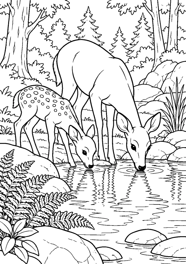 Reh und Kitz am Waldteich