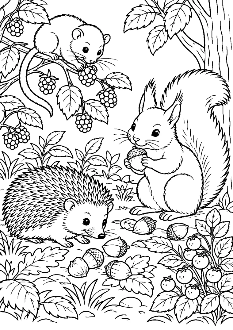 Waldtiere sammeln Beeren und Nüsse