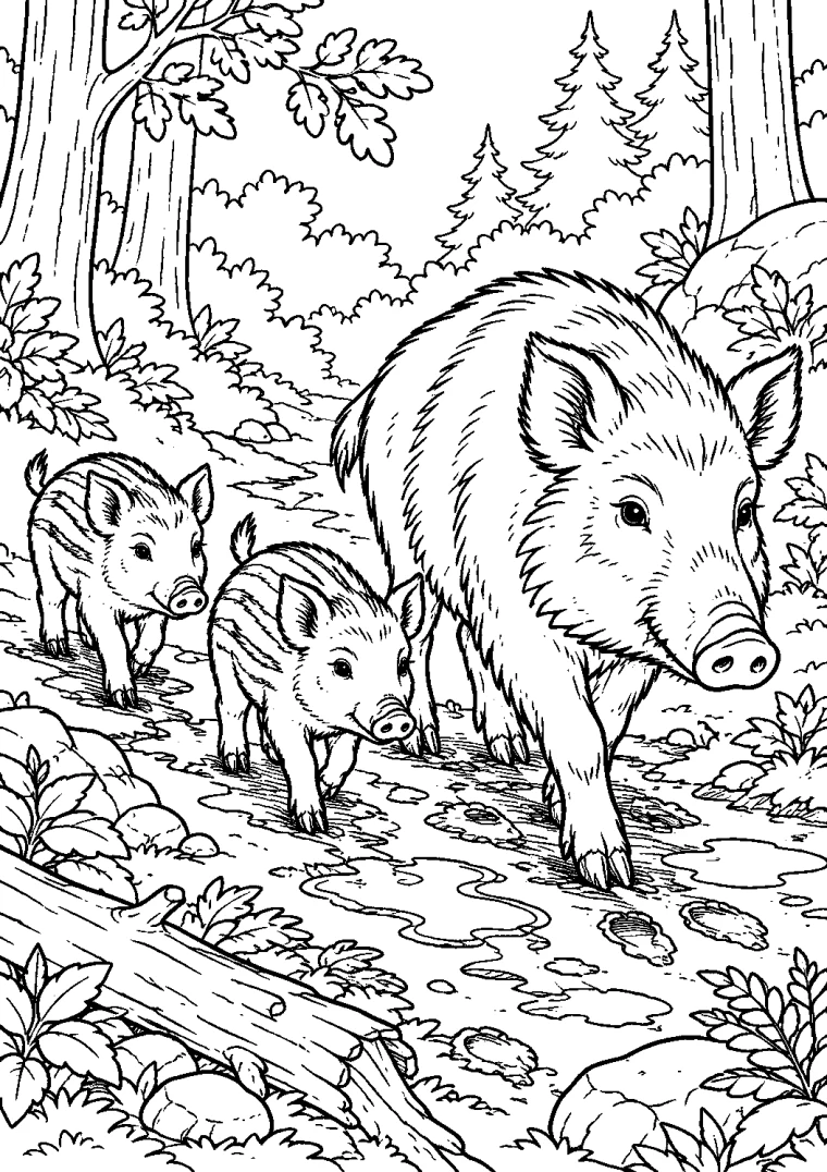 Wildschweinfamilie auf dem Waldweg