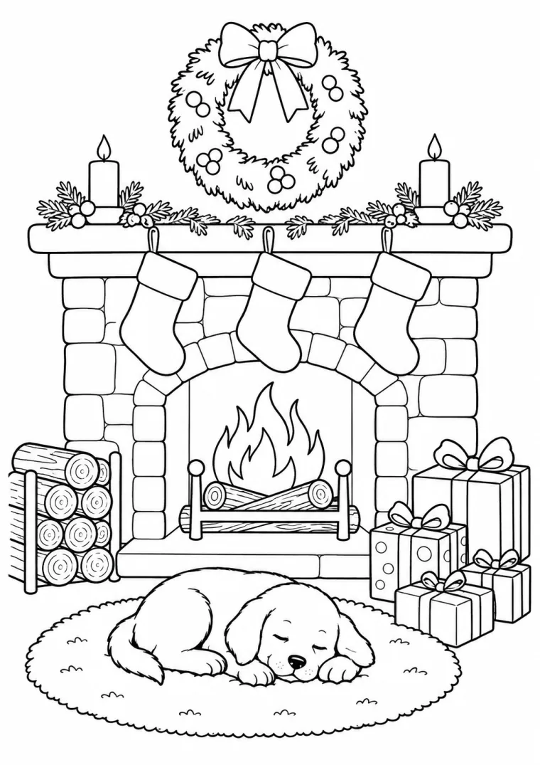 Weihnachten am Kamin mit kleinem Welpen