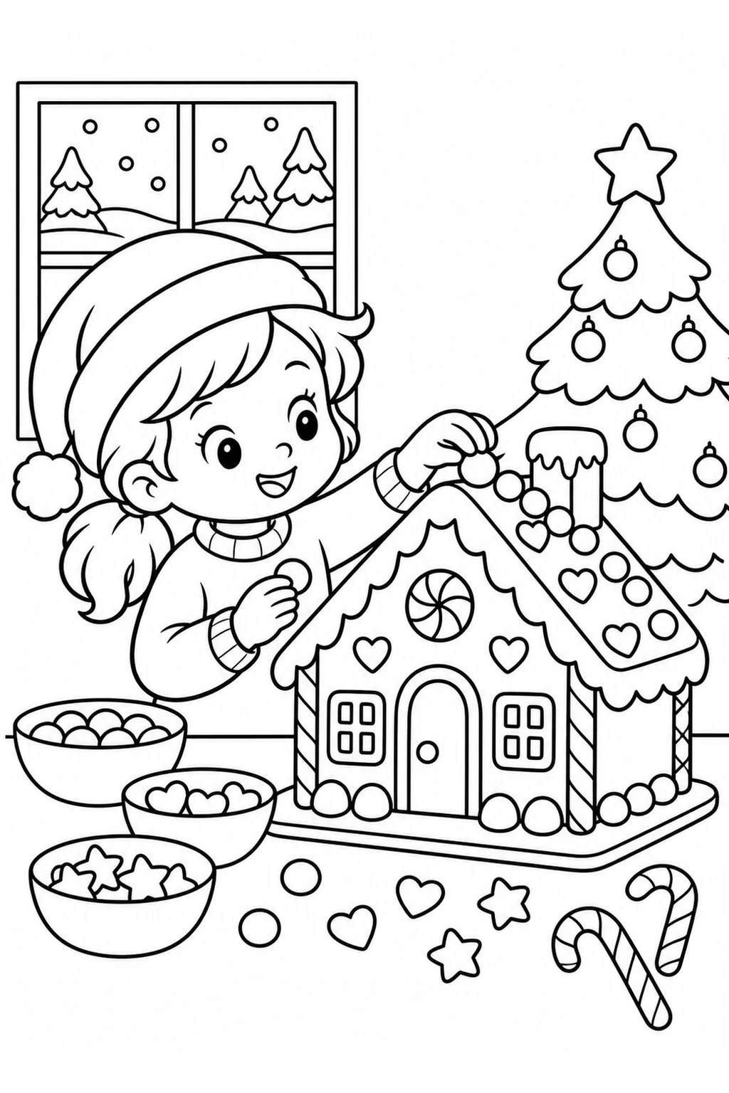 Kind schmückt ein Lebkuchenhaus