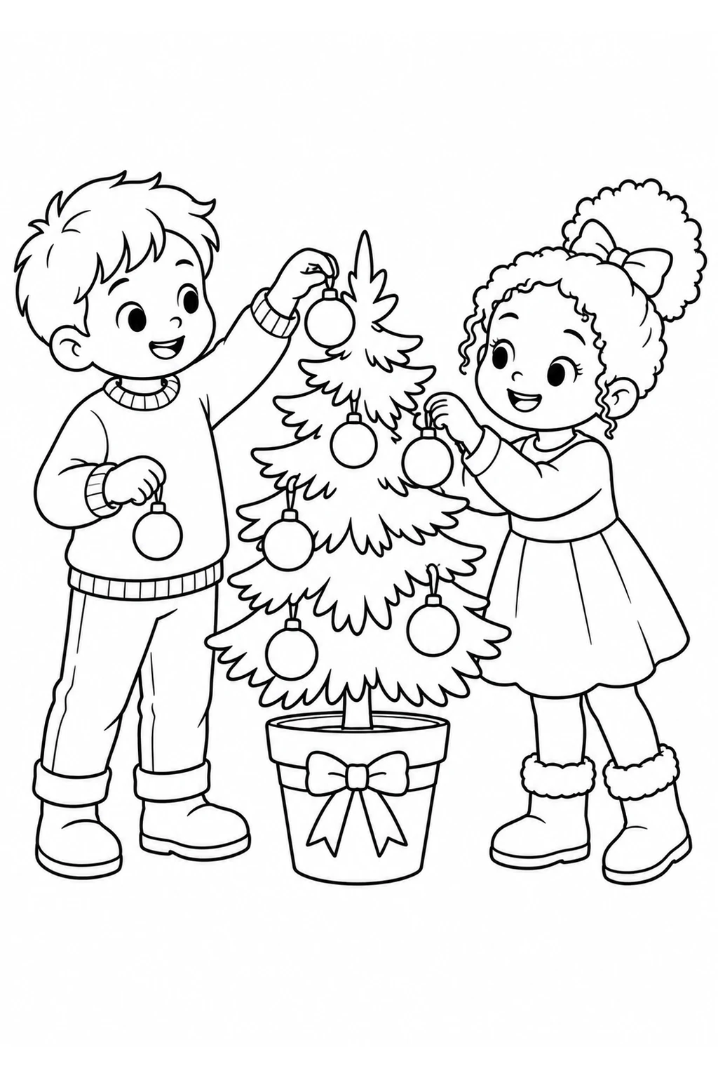 Kinder schmücken einen kleinen Baum