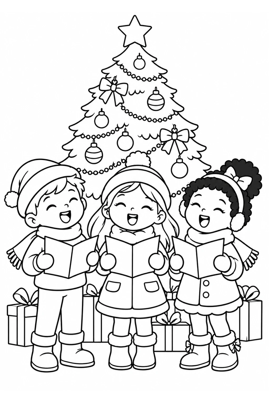 Kinder singen vor dem Tannenbaum