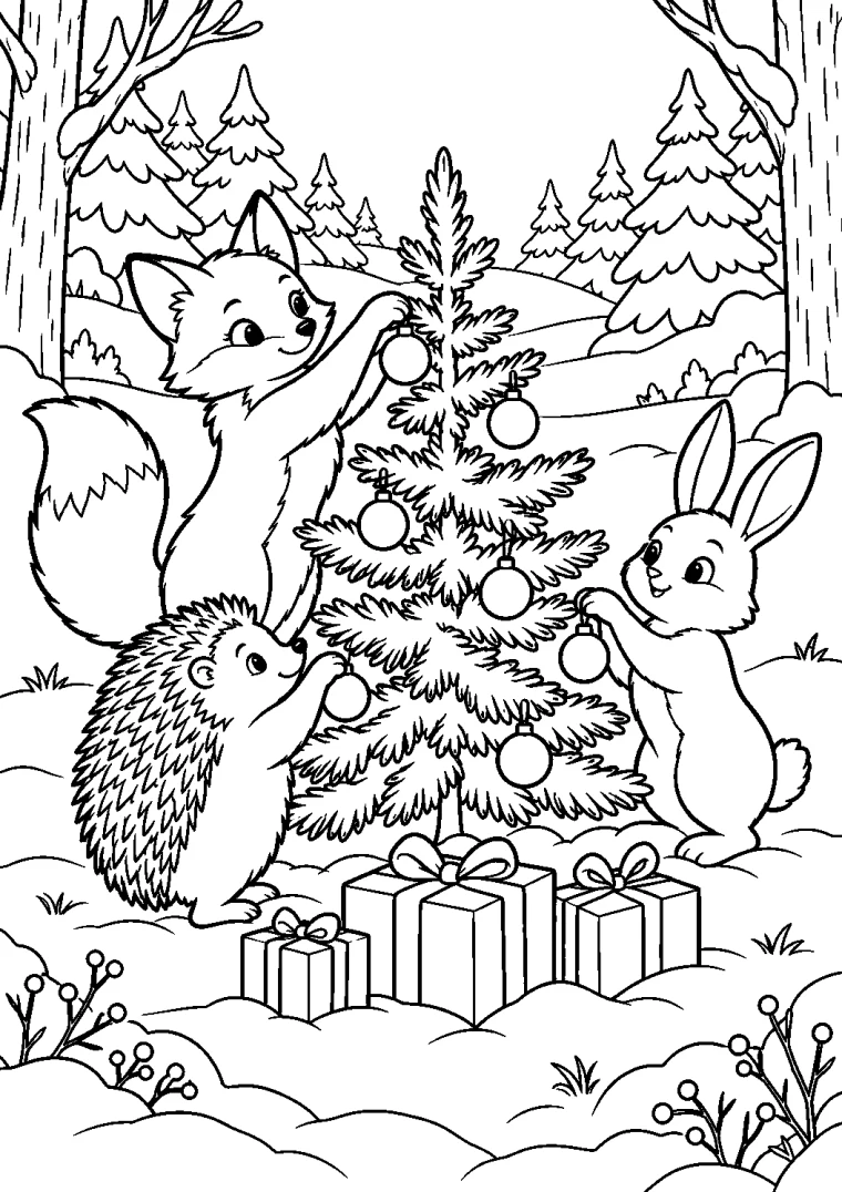 Waldtiere schmücken einen Tannenbaum
