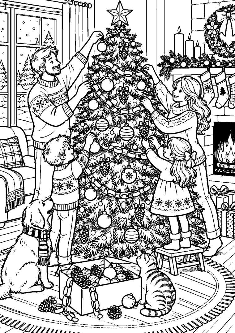Familie schmückt den Weihnachtsbaum