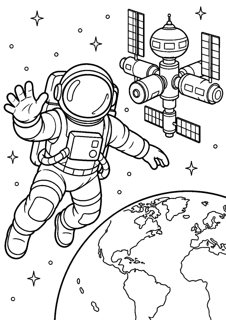 Astronaut schwebt an der Raumstation