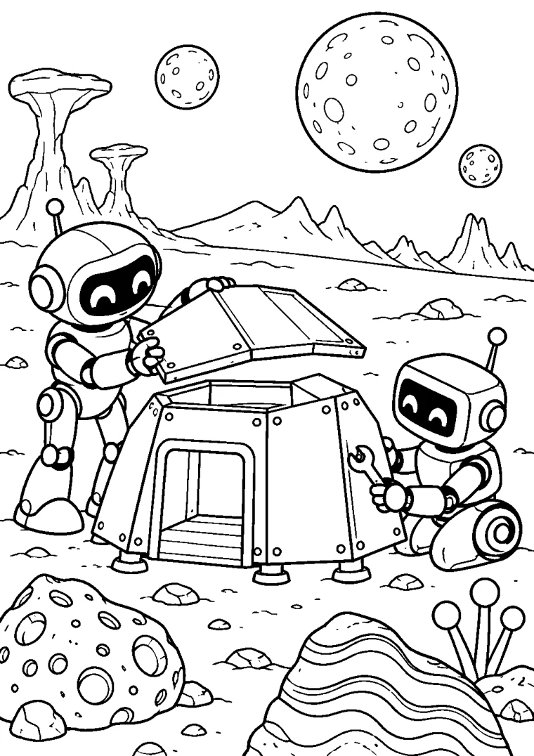 Roboter bauen eine Planetenstation