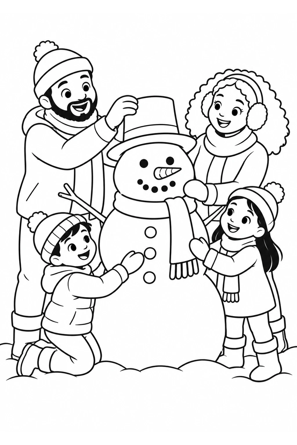 Familie baut einen Schneemann