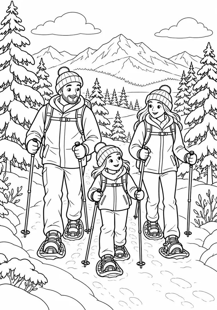 Familie beim Schneeschuhwandern