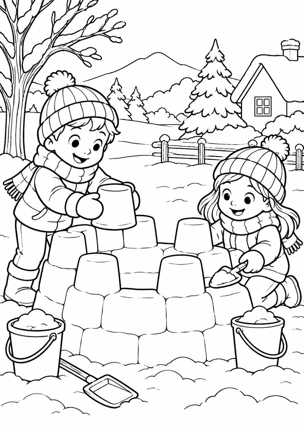 Kinder bauen eine Schneeburg