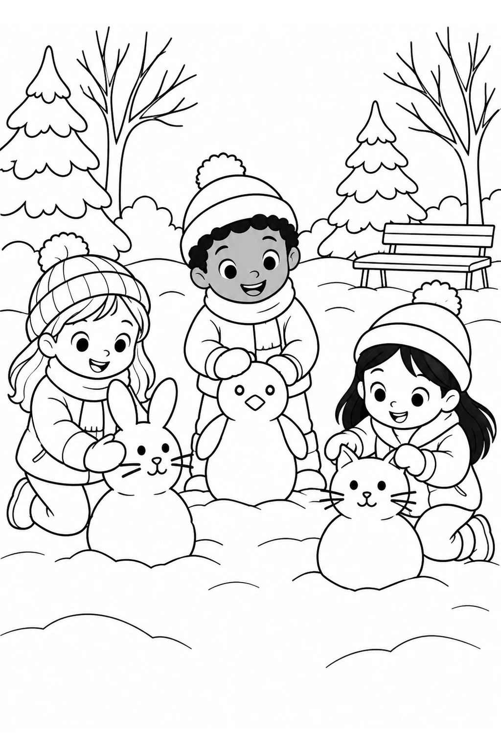 Kinder bauen Schneetiere