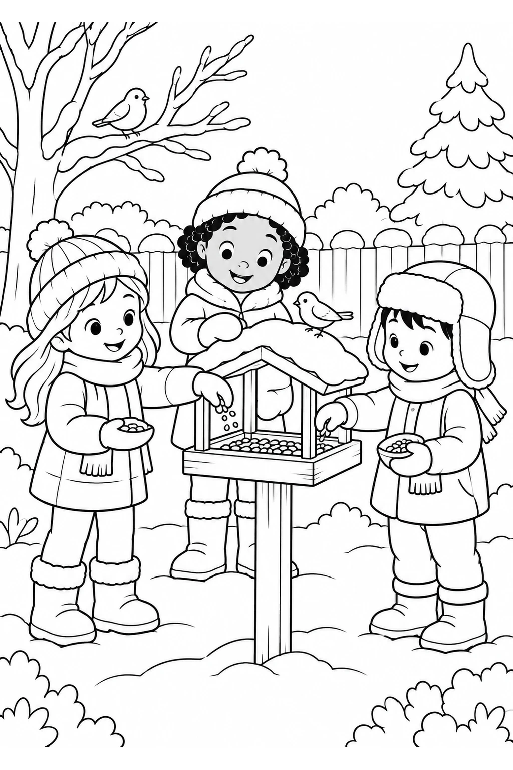 Kinder füttern Wintervögel