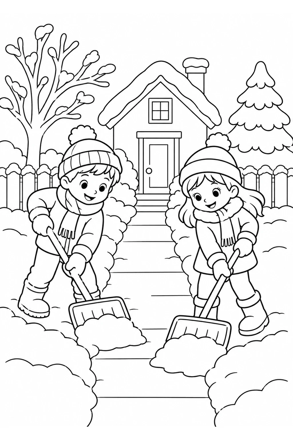 Kinder mit Schneeschaufeln
