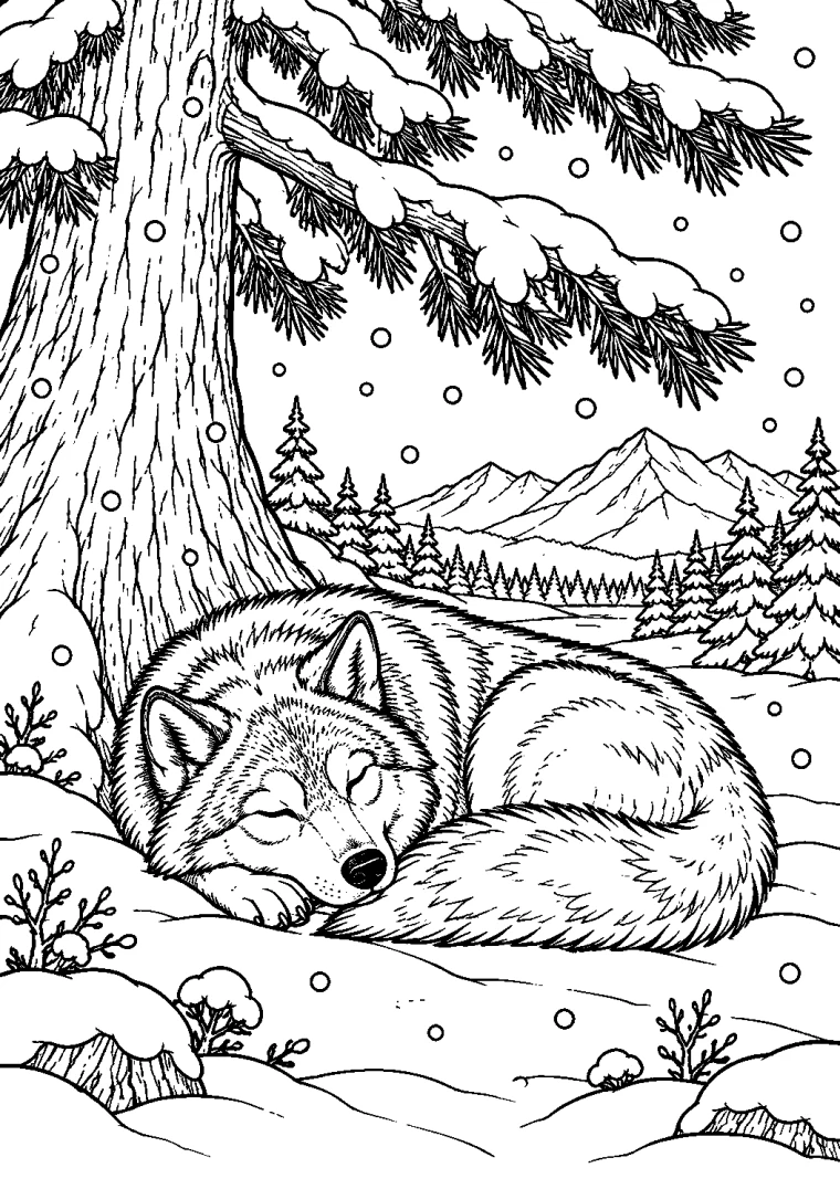 Schlafender Wolf unter der Winterkiefer