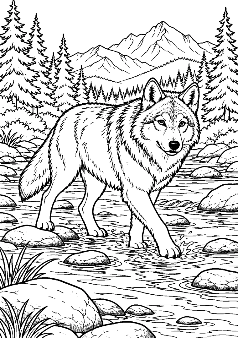 Wolf durchquert den Bergfluss