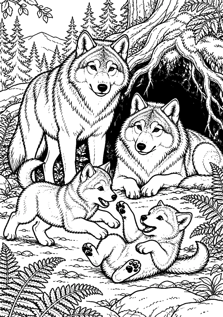 Wolfsfamilie vor der Waldhöhle
