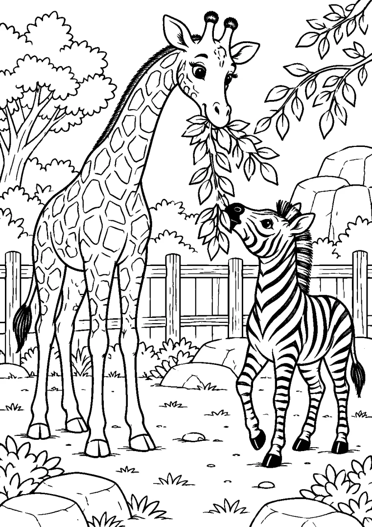 Giraffe und Zebra teilen Blätter