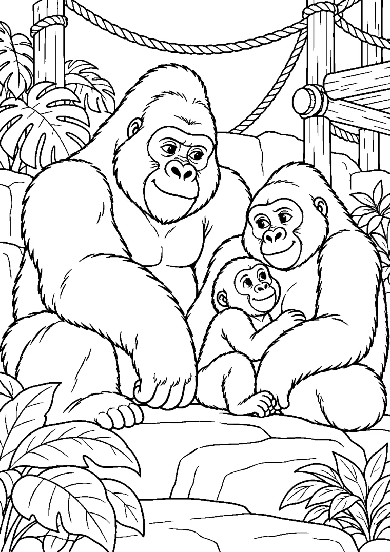 Gorillafamilie im grünen Gehege